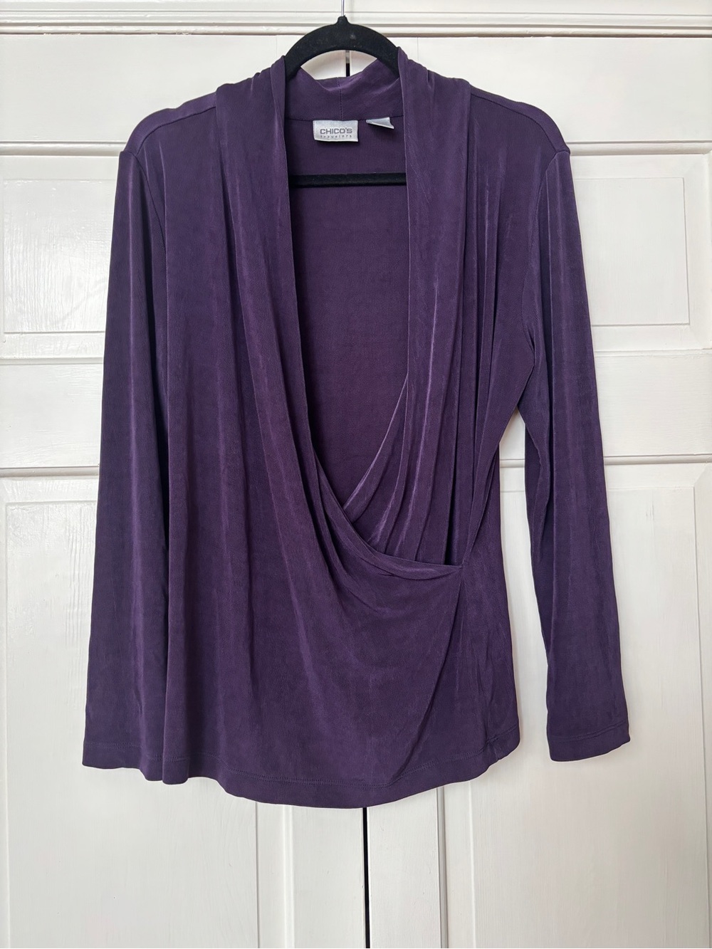Chico's Travelers Size 2‎ Deep Purple Wrap Blouse Drape Long-Sleeve Top Chicos L